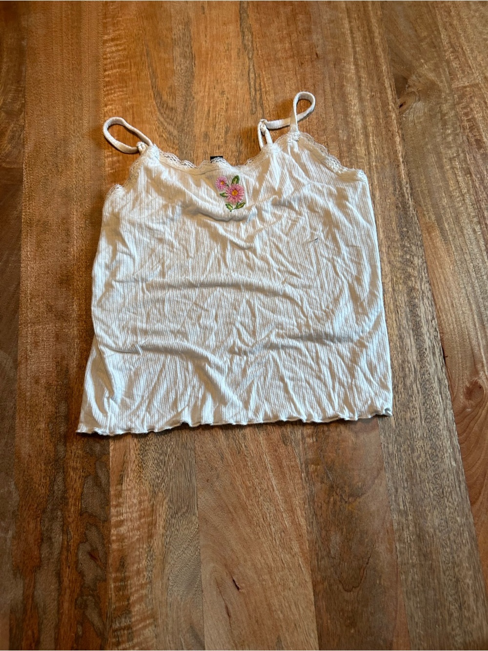 art class White Ribbed Cami Tank with Pink Floral Embroidery